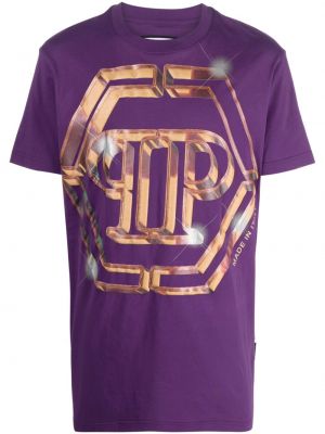 Bavlněné tričko s potiskem Philipp Plein fialové