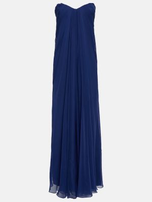 Drapované šifonové hedvábné dlouhé šaty Alexander Mcqueen modré