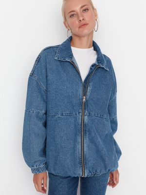 Oversized džínová bunda na zip Trendyol modrá