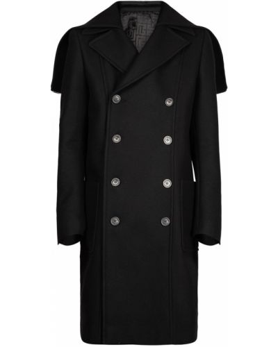 Vlněný kabát s kapucí Balmain černý