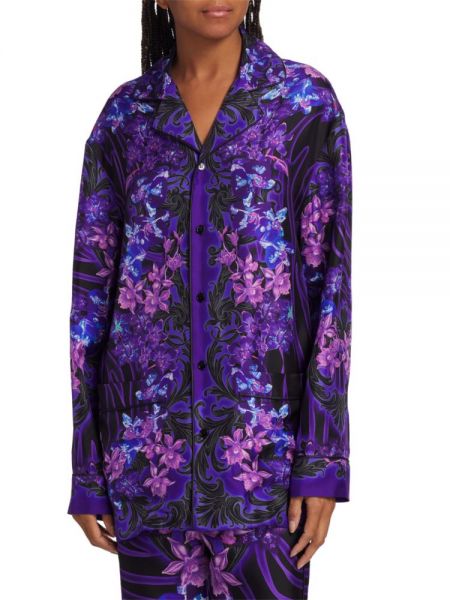 Шелковая блузка в цветочек с принтом Versace черная