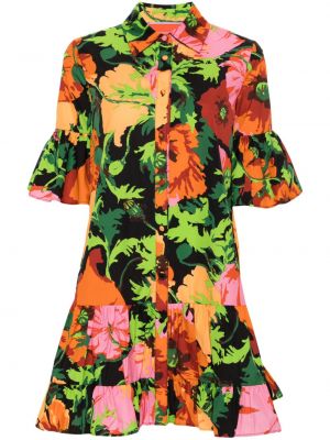 Sukienka koszulowa bawełniana w kwiatki z nadrukiem La Doublej pomarańczowa