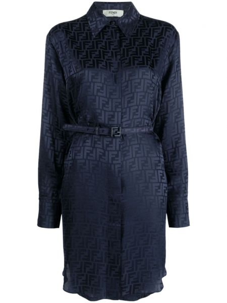 Жакардова копринена рокля тип риза Fendi синьо
