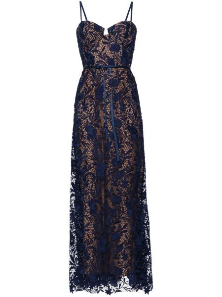 Večernja haljina s cvjetnim printom s čipkom Marchesa Notte plava