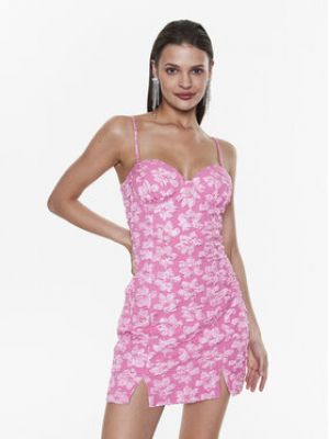 Žakárové květinové slim fit koktejlové šaty Rotate růžové