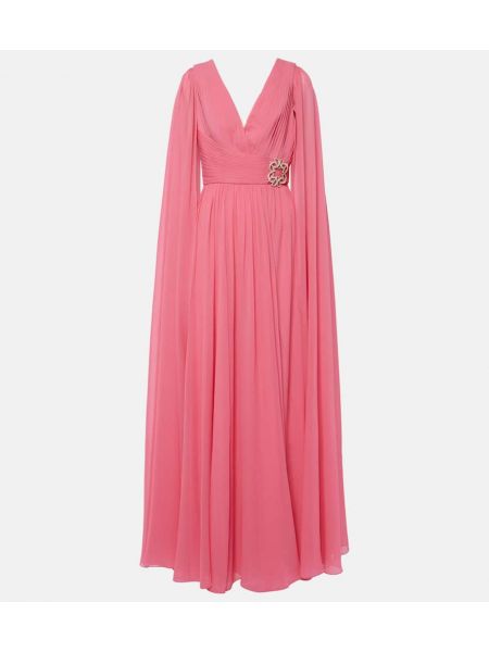 Šifonové hedvábné dlouhé šaty Elie Saab růžové