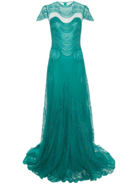 Φλοράλ μεταξωτή βραδινό φόρεμα με δαντέλα Costarellos πράσινο