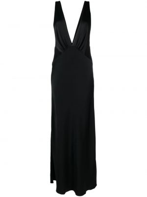 V-nyakú selyem hosszú ruha Saint Laurent fekete