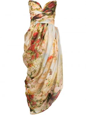 Коктейлна рокля на цветя с принт с драперии Zimmermann бежово