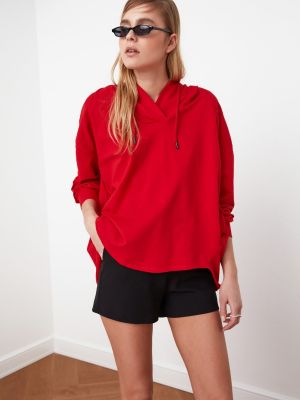 Relaxed fit megztas džemperis su gobtuvu su kišenėmis Trendyol raudona