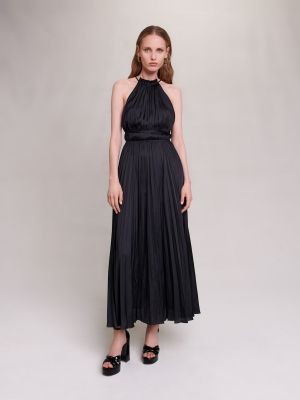 Плиссированное атласное длинное платье Maje черное