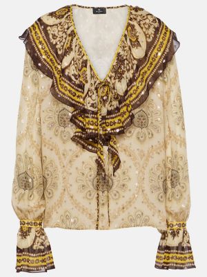 Копринена блуза с волани с пейсли десен Etro златисто