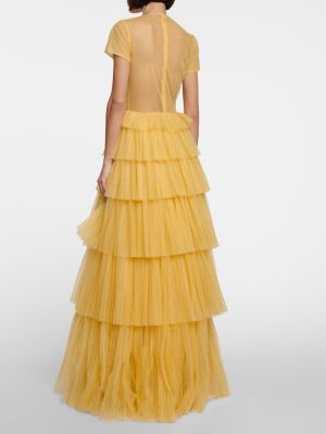 Sukienka długa z falbankami tiulowa Costarellos żółta