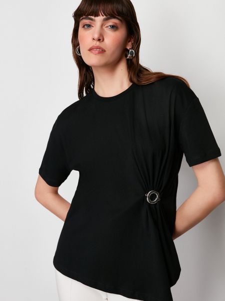 Asymetrické pletené bavlnené tričko Trendyol čierna