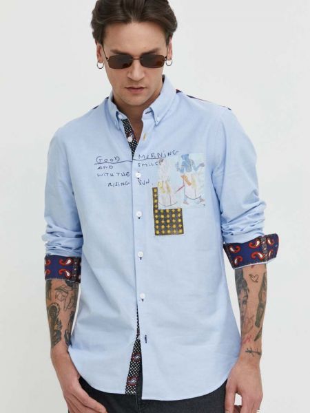 Péřová bavlněná košile s knoflíky Desigual modrá