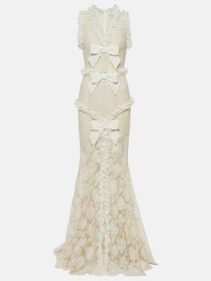 Krajkové dlouhé šaty s mašlí Alessandra Rich bílé