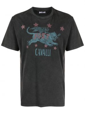 T-shirt en coton à imprimé et imprimé rayures tigre Just Cavalli noir