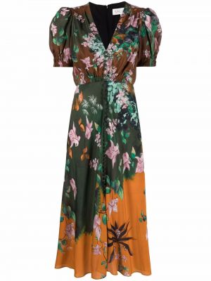 Květinové hedvábné midi šaty s výstřihem do v Saloni - oranžová