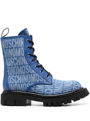 Čipkované žakárové šnurovacie členkové topánky Moschino modrá