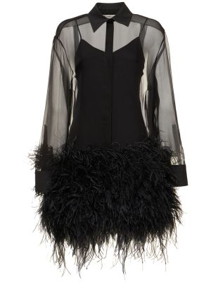 Svilena mini obleka s perjem iz šifona Valentino črna