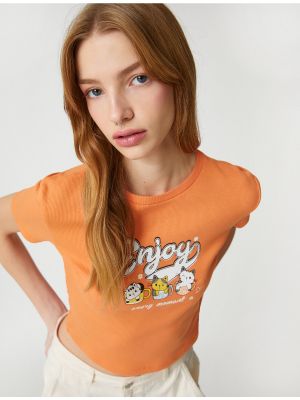 Tricou din bumbac cu imagine cu mâneci scurte Koton portocaliu