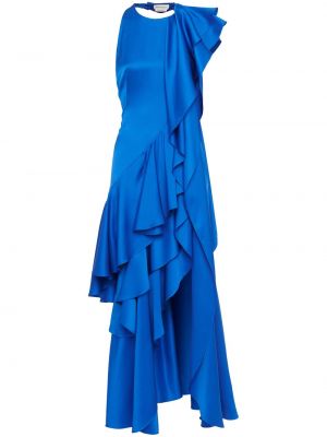 Jedwabna sukienka koktajlowa z falbankami Alexander Mcqueen niebieska