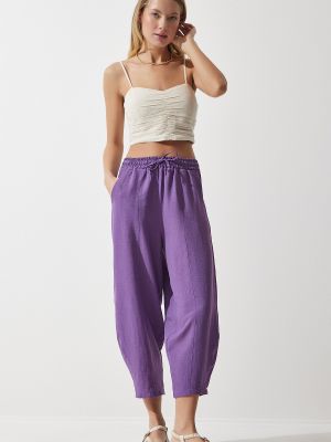 Viskózové lněné kalhoty relaxed fit Happiness İstanbul fialové