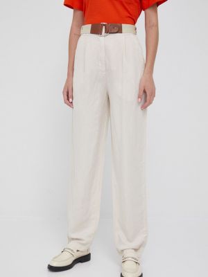 Emporio Armani pantaloni din in femei, culoarea bej, drept, high waist