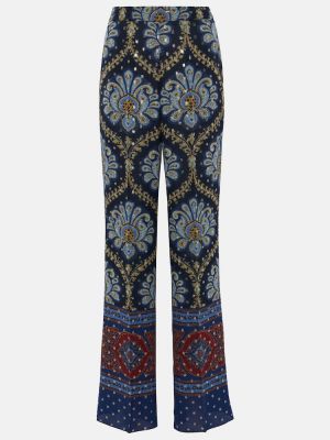 Jedwabne spodnie z wzorem paisley relaxed fit Etro niebieskie