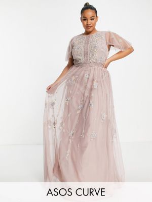Длинное платье с вышивкой с жемчугом Asos розовое