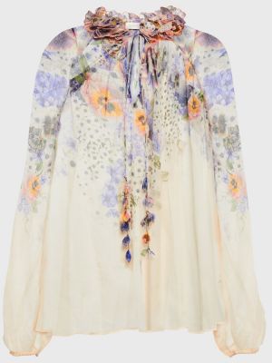 Bluză de mătase cu model floral Zimmermann alb