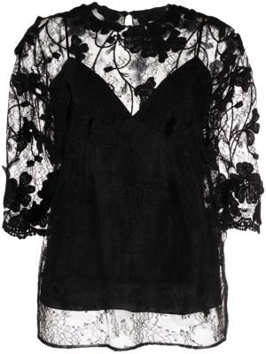 Svilena bluza s cvetličnim vzorcem s čipko Elie Saab črna