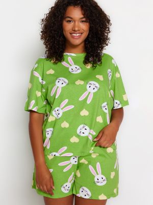 Πλεκτή βαμβακερή πιτζάμας με σχέδιο Trendyol πράσινο