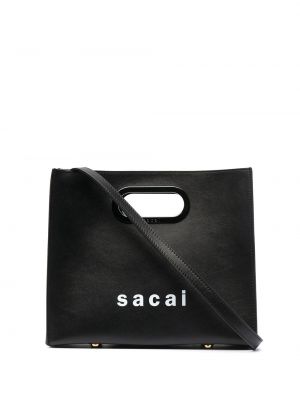 Kožená nákupná taška s potlačou Sacai čierna