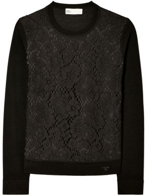 Sweter wełniany koronkowy Tory Burch czarny