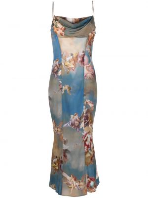 Jedwabna sukienka midi z nadrukiem Balmain niebieska