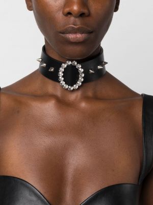 Křišťálový kožený náhrdelník se cvočky Alessandra Rich černý