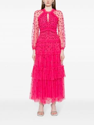 Průsvitné večerní šaty s flitry Needle & Thread růžové