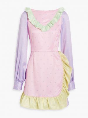 Атласное платье мини в горошек с рюшами Olivia Rubin розовое