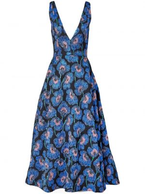 Midi obleka z vezenjem s cvetličnim vzorcem Carolina Herrera modra