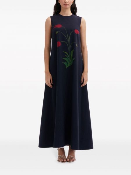 Sukienka długa w kwiatki z nadrukiem Oscar De La Renta niebieska