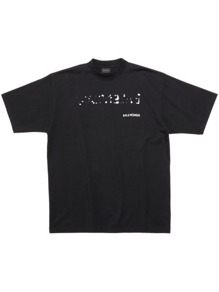 Tricou zdrențuiți din bumbac cu imagine Balenciaga negru