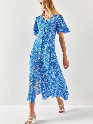 Плетена от вискоза миди рокля с v-образно деколте Olalook синьо