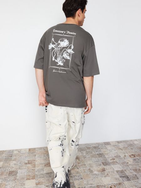 Bombažna polo majica s cvetličnim vzorcem s potiskom Trendyol