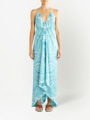 Sukienka długa z nadrukiem z wzorem paisley drapowana Etro niebieska