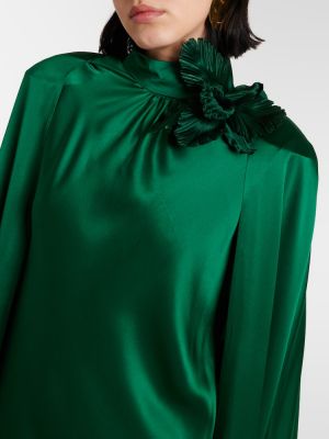 Hedvábné saténové dlouhé šaty s výšivkou Rodarte zelené