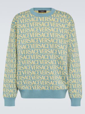 Памучен пуловер Versace синьо