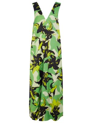 Květinové saténové dlouhé šaty Dries Van Noten zelené
