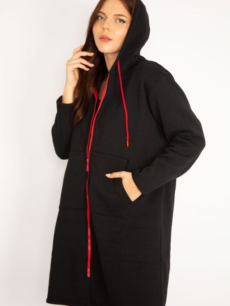 Fleece παλτό με κουκούλα με τσέπες şans μαύρο
