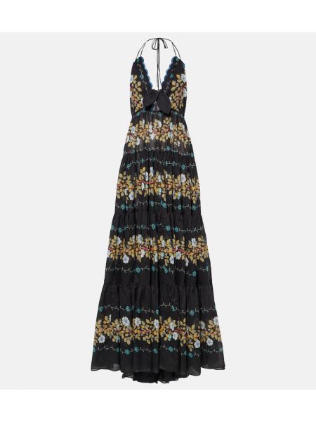 Květinové bavlněné dlouhé šaty Etro černé